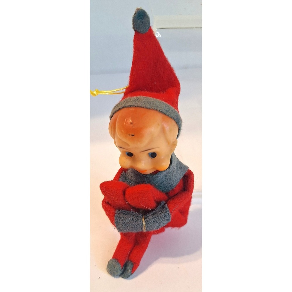 Vintage Christmas Elf Knee Hugger Ornament Red Felt Pixie Mid Century Retro